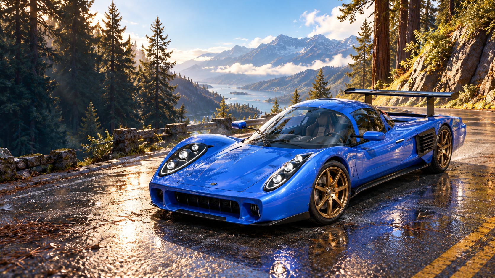 Original blue Apex sports car on a sunlit mountain road, with gold wheels and forest reflections